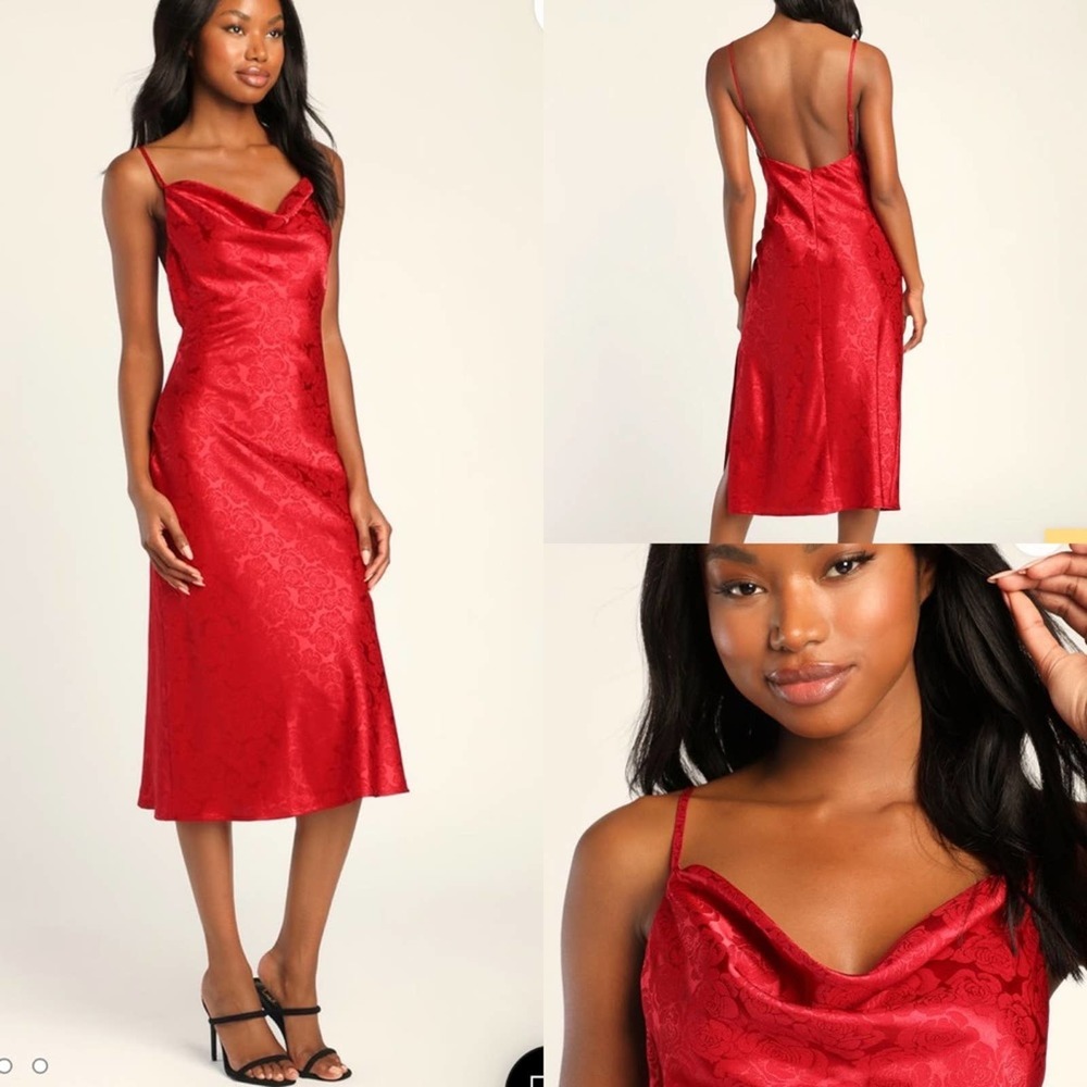 Lulu’s You’re My Type Red Satin Jacquard Midi Slip Dress